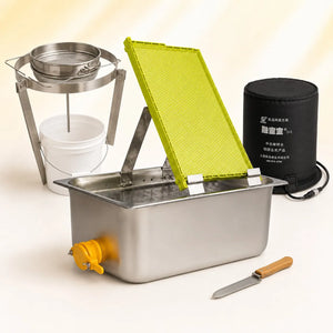 straining-kit.webpStainless steel honey uncapping tank with double strainer, bucket, frame and electric decrystallising belt