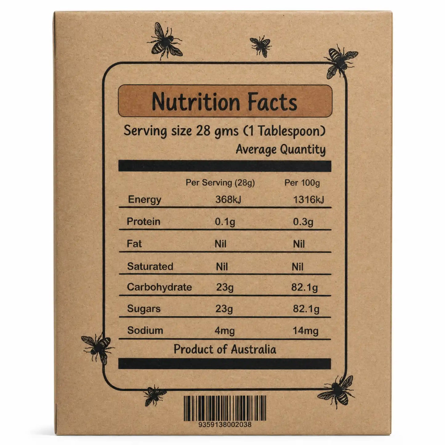 Nutrition facts panel for Humming Meadow Certified Organic Honey showing energy, protein, carbohydrates and sugars per serving