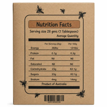 Nutrition facts panel for Humming Meadow Certified Organic Honey showing energy, protein, carbohydrates and sugars per serving