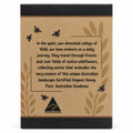 Back panel of Humming Meadow honey box with the brand story and Australian Made certification logo