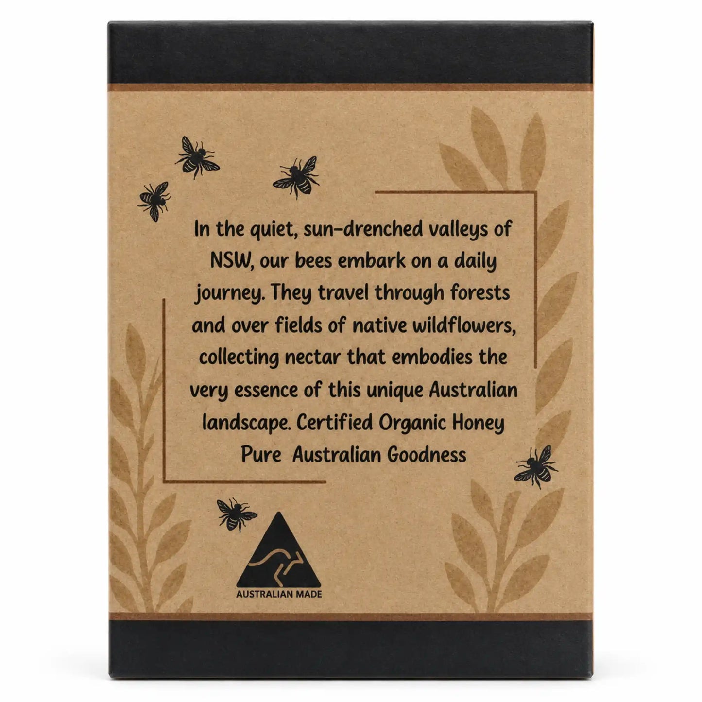 Back panel of Humming Meadow honey box with the brand story and Australian Made certification logo