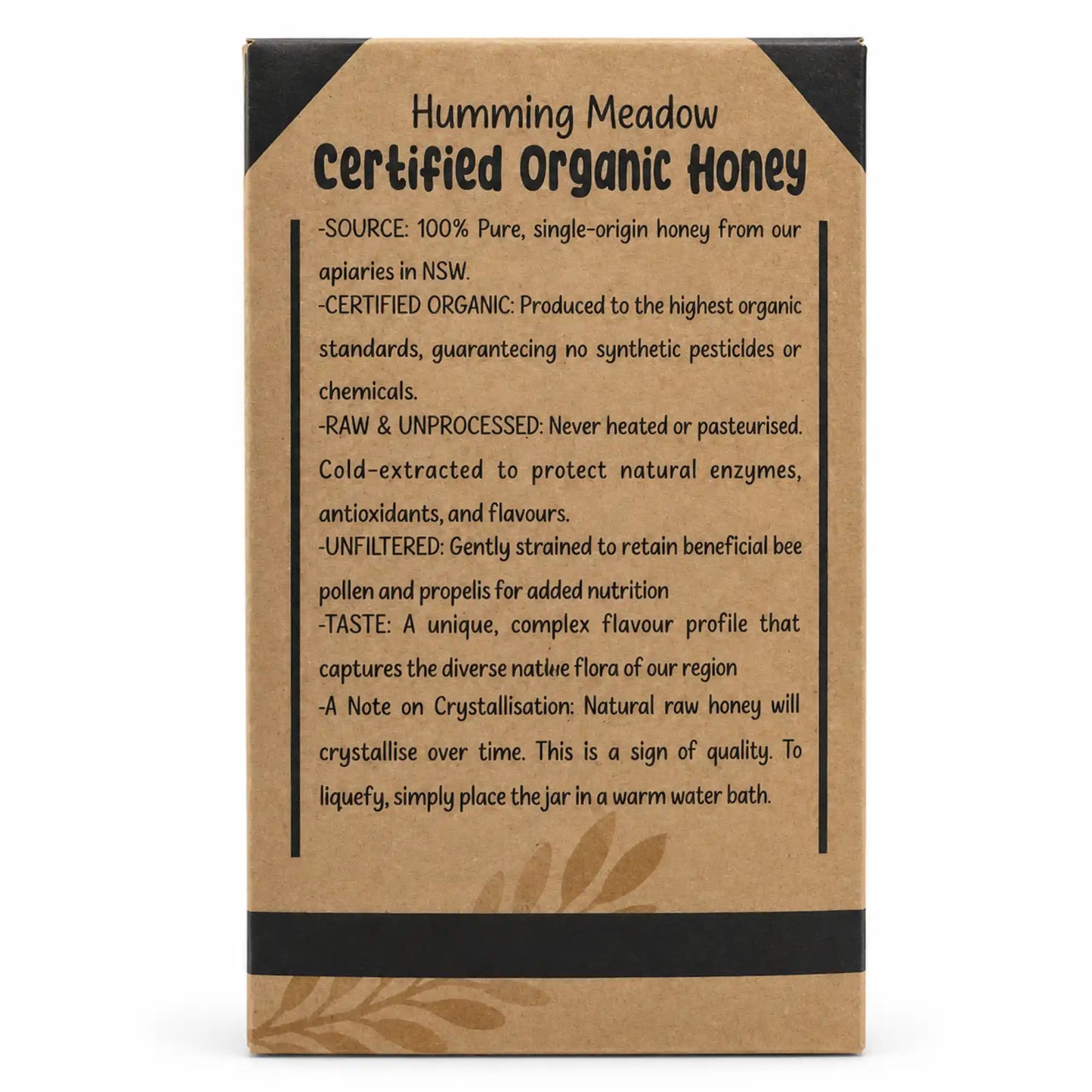 Back of Humming Meadow organic honey box listing source, raw, unfiltered and crystallisation details