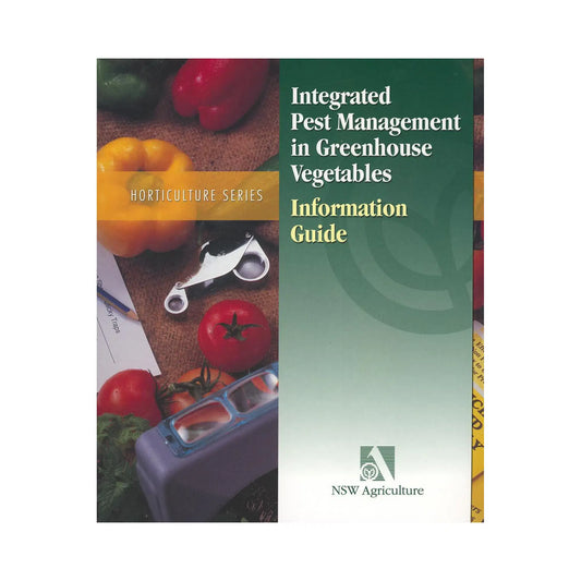 Book cover of 'Integrated Pest Management in Greenhouse Vegetables' with vegetables and tools
