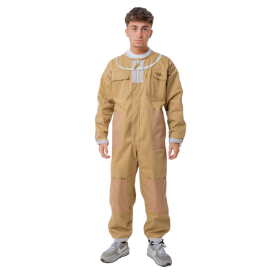Protective beekeeping suit with round hat in khaki poly cotton