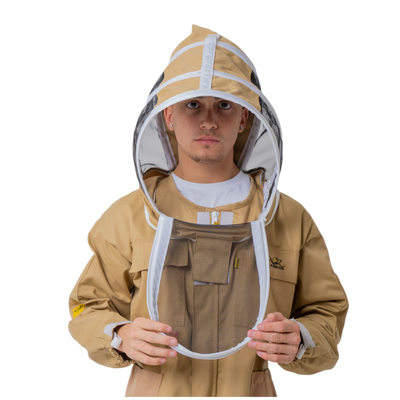 Protective beekeeping suit with fencing veil in khaki