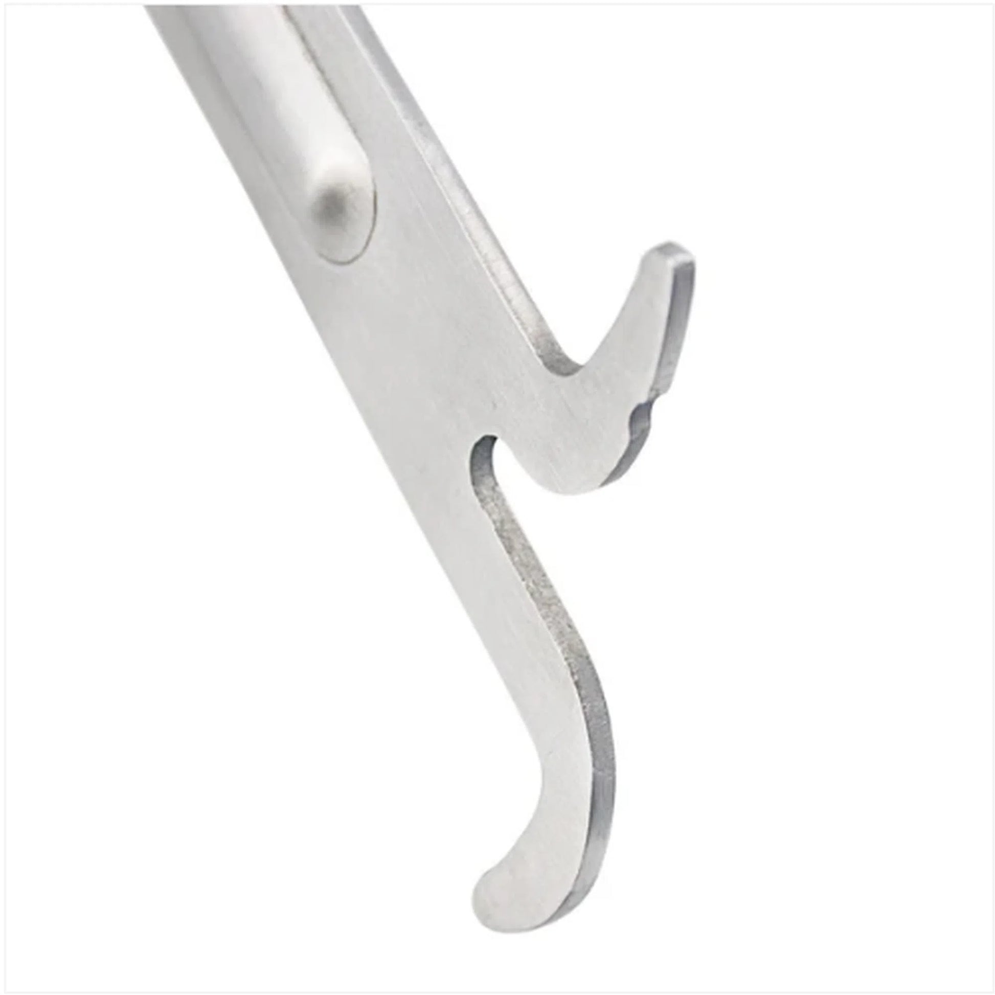 Close-up of hooked end on stainless steel Long J Hive Tool