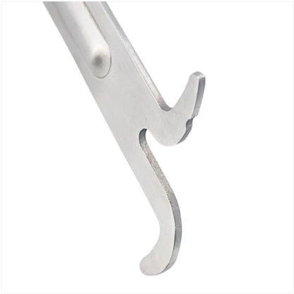 Close-up of hooked end on stainless steel Long J Hive Tool