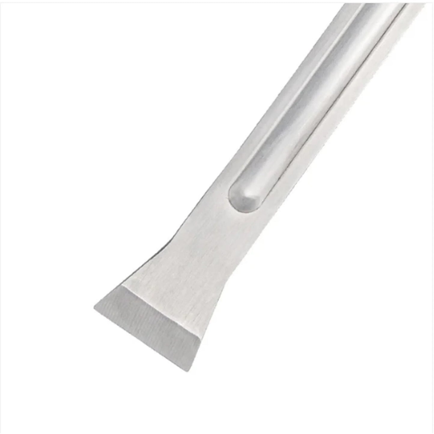 Flat scraper end of Long J Hive Tool stainless steel pry bar