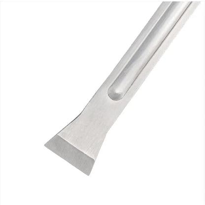 Flat scraper end of Long J Hive Tool stainless steel pry bar