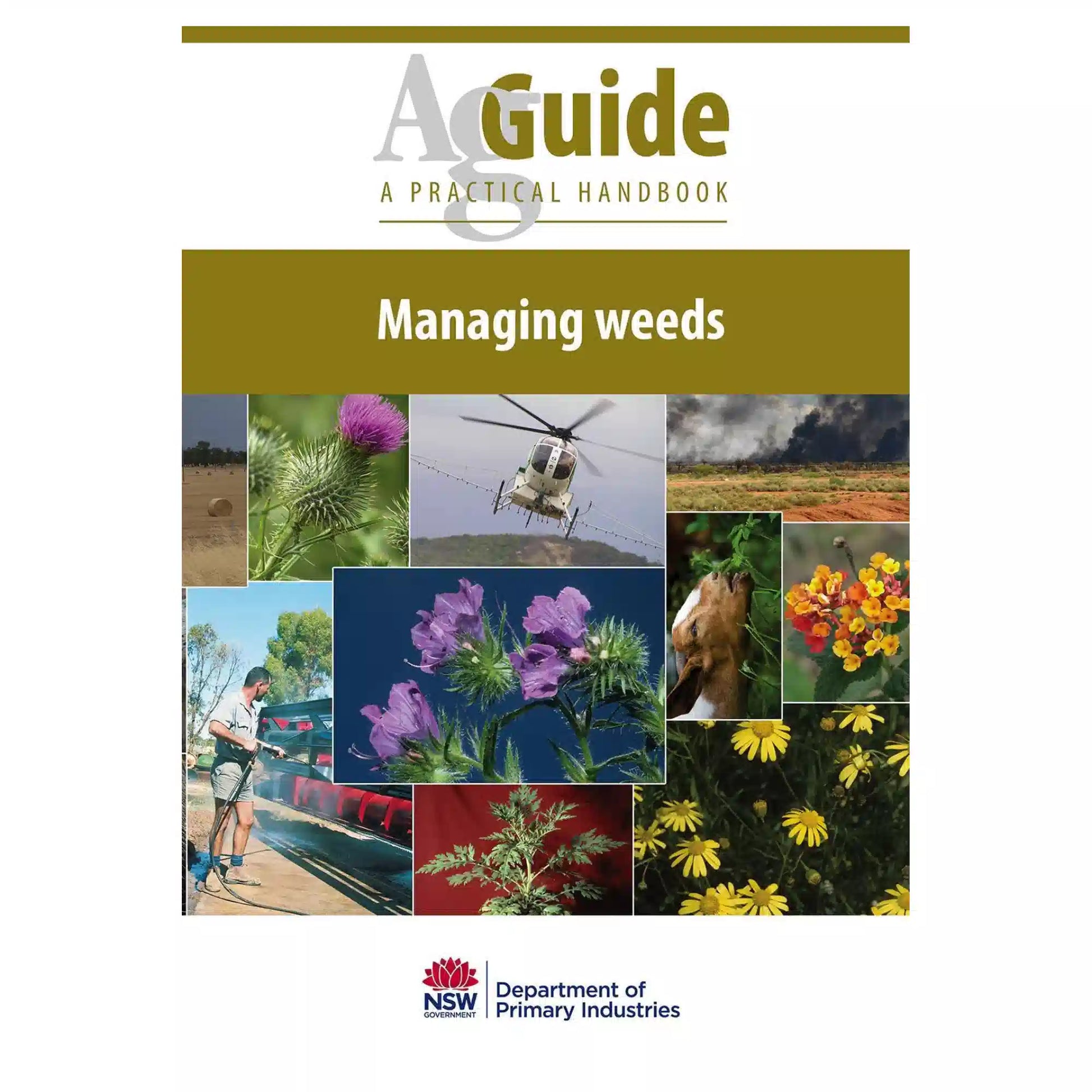 Book cover of 'Managing Weeds' guide by NSW Department of Primary Industries with images of plants and a helicopter
