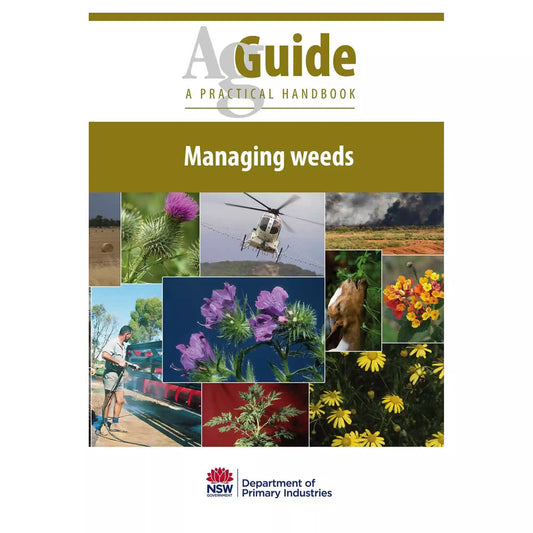 Book cover of 'Managing Weeds' guide by NSW Department of Primary Industries with images of plants and a helicopter