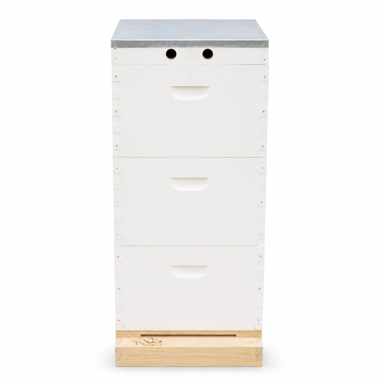 OZ ARMOUR Painted Beehive Front View with Mesh Bottom Board