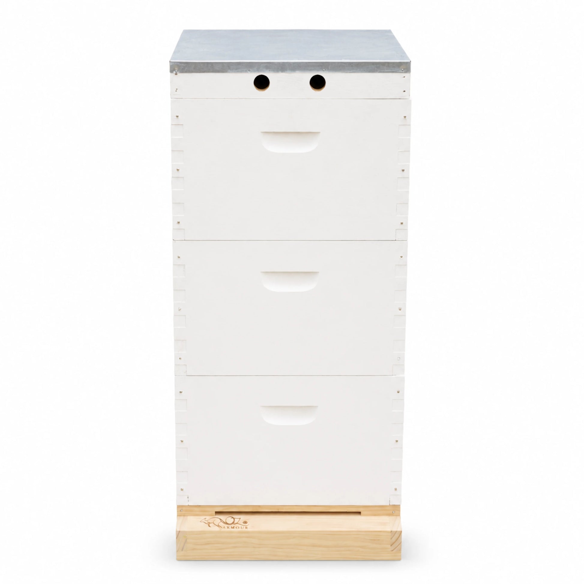 OZ ARMOUR Painted Beehive Front View with Mesh Bottom Board