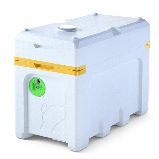 Front view of the NUCS Double with innovative design and top feeder., Beehive setup, beekeeping innovation, hive management, bee feeder system, beekeeping equipment, NUCS hive design, bee health management, beekeeping tools, hive assembly