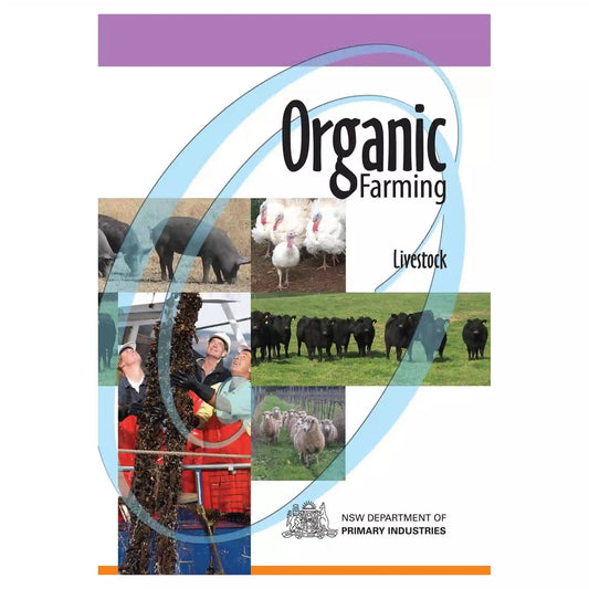 Book cover of 'Organic Farming Livestock' by NSW Department of Primary Industries with images of animals and people.