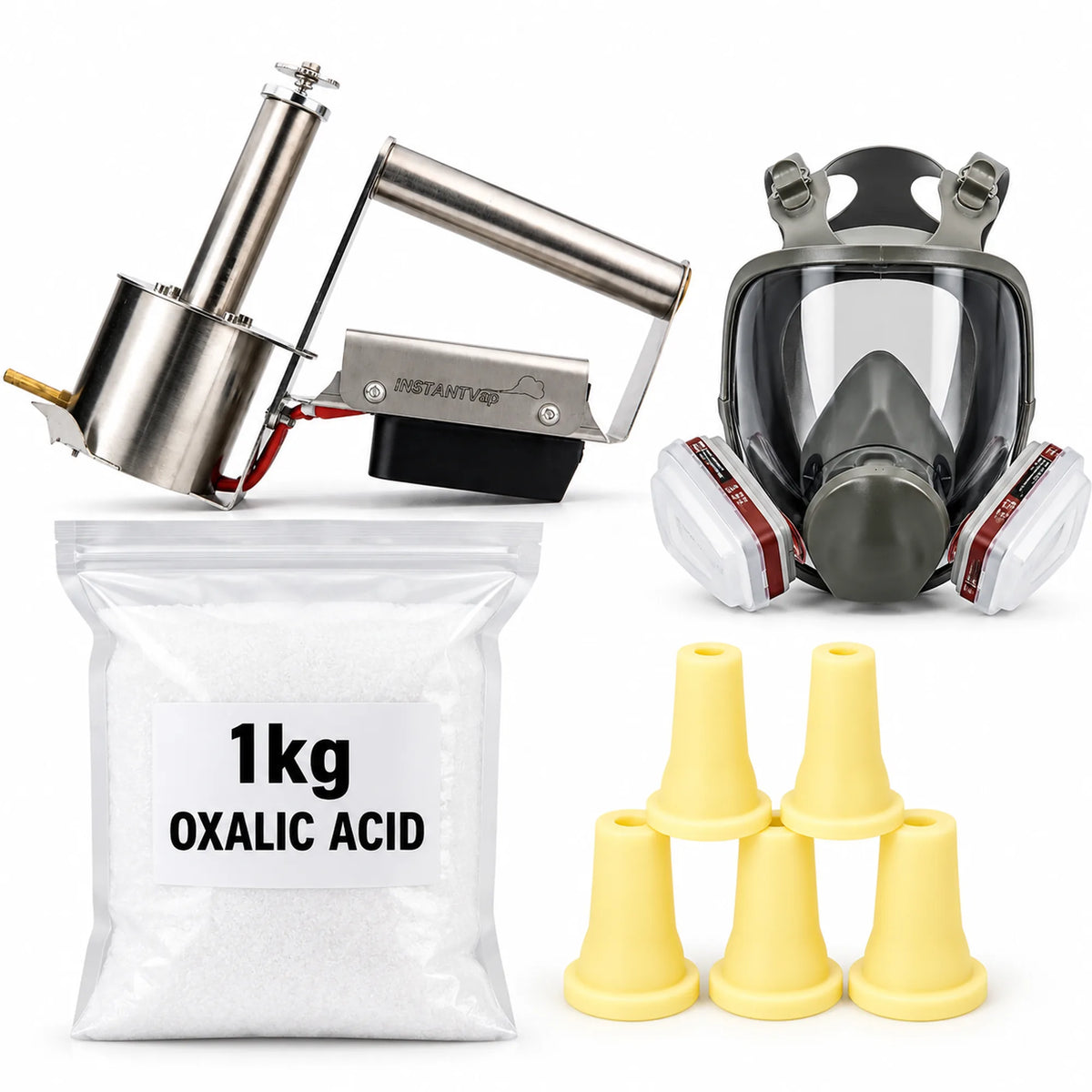 Oxalic acid treatment bundle featuring INSTANTVap stainless steel vaporizer, full-face respirator mask with filters, five yellow silicone nozzle tips, and 1kg oxalic acid pouch on a white background.