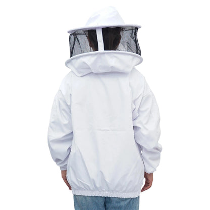 Back view of OZ Apiarist poly cotton beekeeping jacket showing chest pockets and veil closure