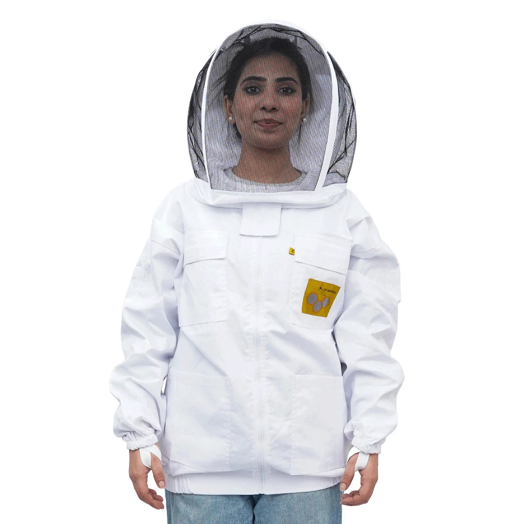 Front view of OZ Apiarist poly cotton beekeeping jacket showing chest pockets and veil closure