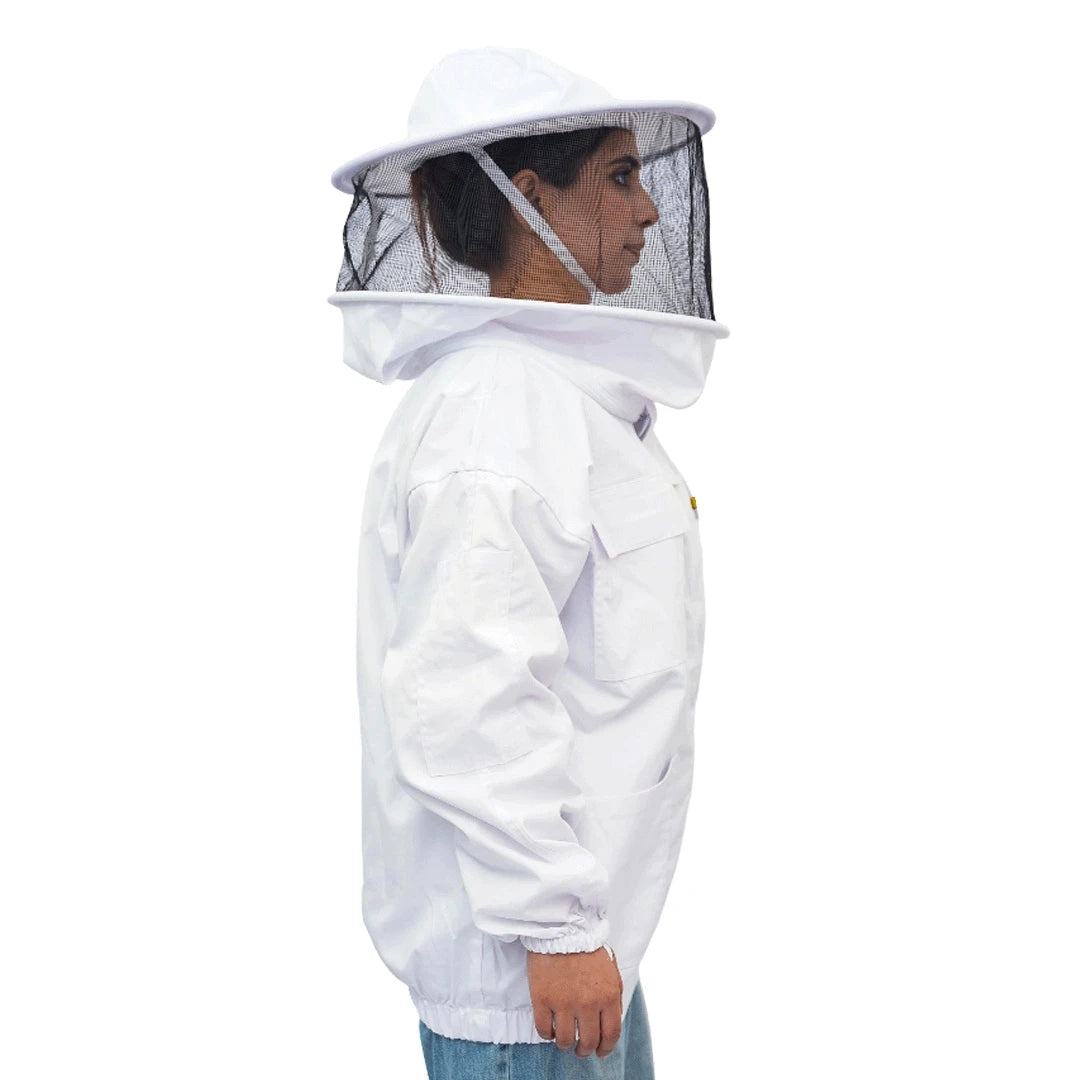 Side view of OZ Apiarist poly cotton beekeeping jacket showing chest pockets and veil closure