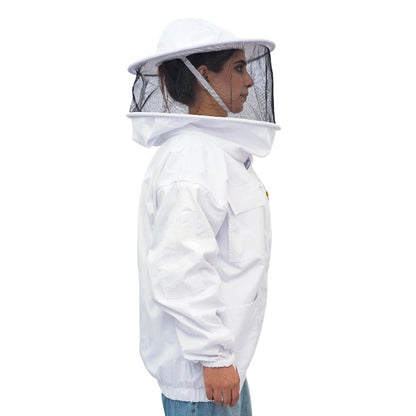 Side view of OZ Apiarist poly cotton beekeeping jacket showing chest pockets and veil closure