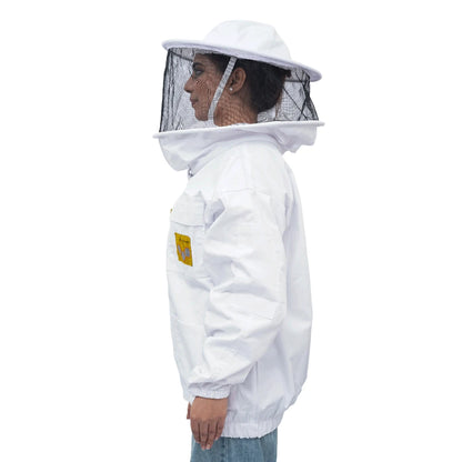A person wearing a white beekeeping jacket with a white hood, veil, and face netting, shown in profile against a plain white background.