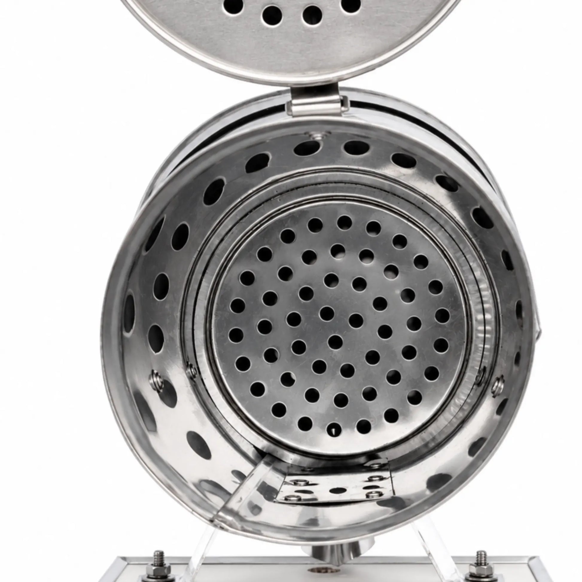 Inside view of OZ Armour stainless steel bee smoker showing perforated fire chamber and grate