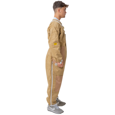 Durable khaki beekeeping suit with protective fencing veil
