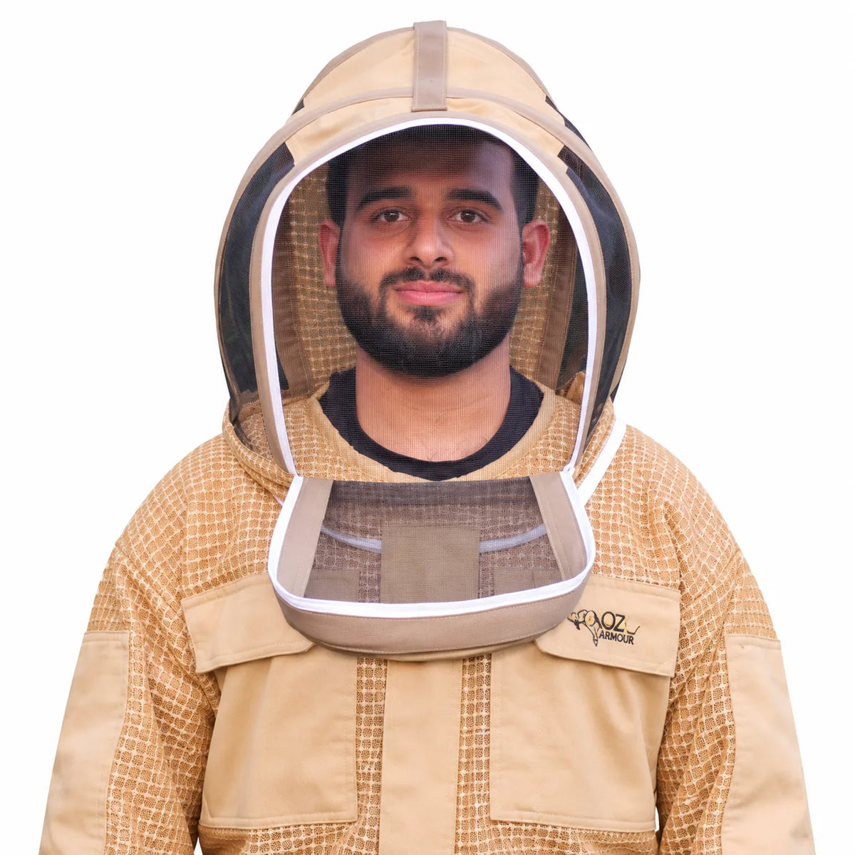 OZ ARMOUR khaki fencing bee veil with wide mesh face panel
