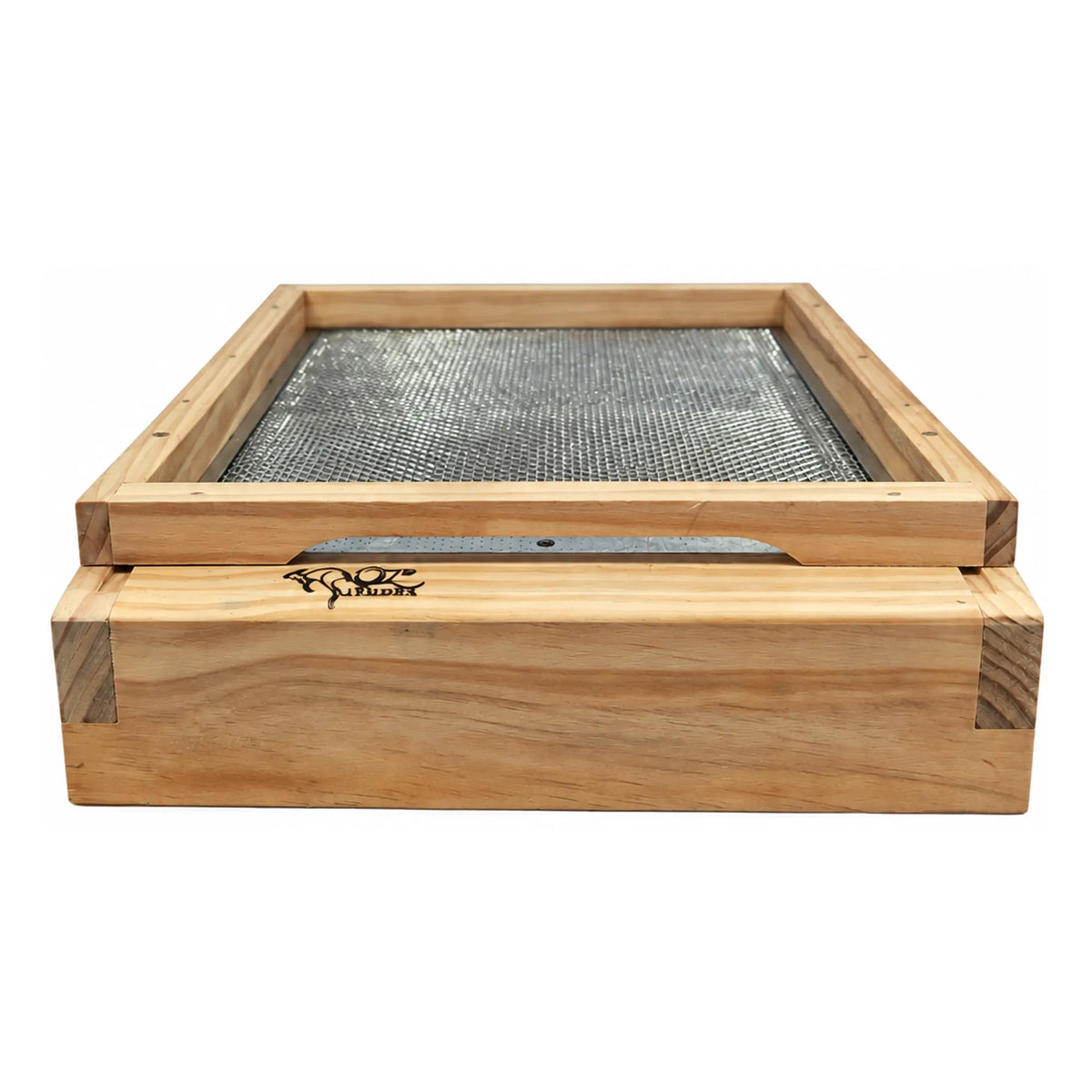 OZ Armour wooden beehive mesh bottom board with stainless steel mesh, natural pine timber frame and sturdy construction, on a white background.
