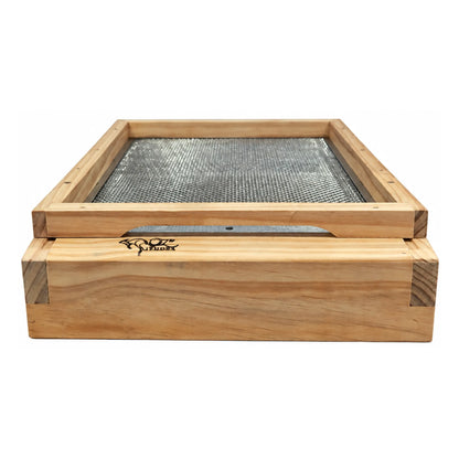 OZ Armour wooden beehive mesh bottom board with stainless steel mesh, natural pine timber frame and sturdy construction, on a white background.
