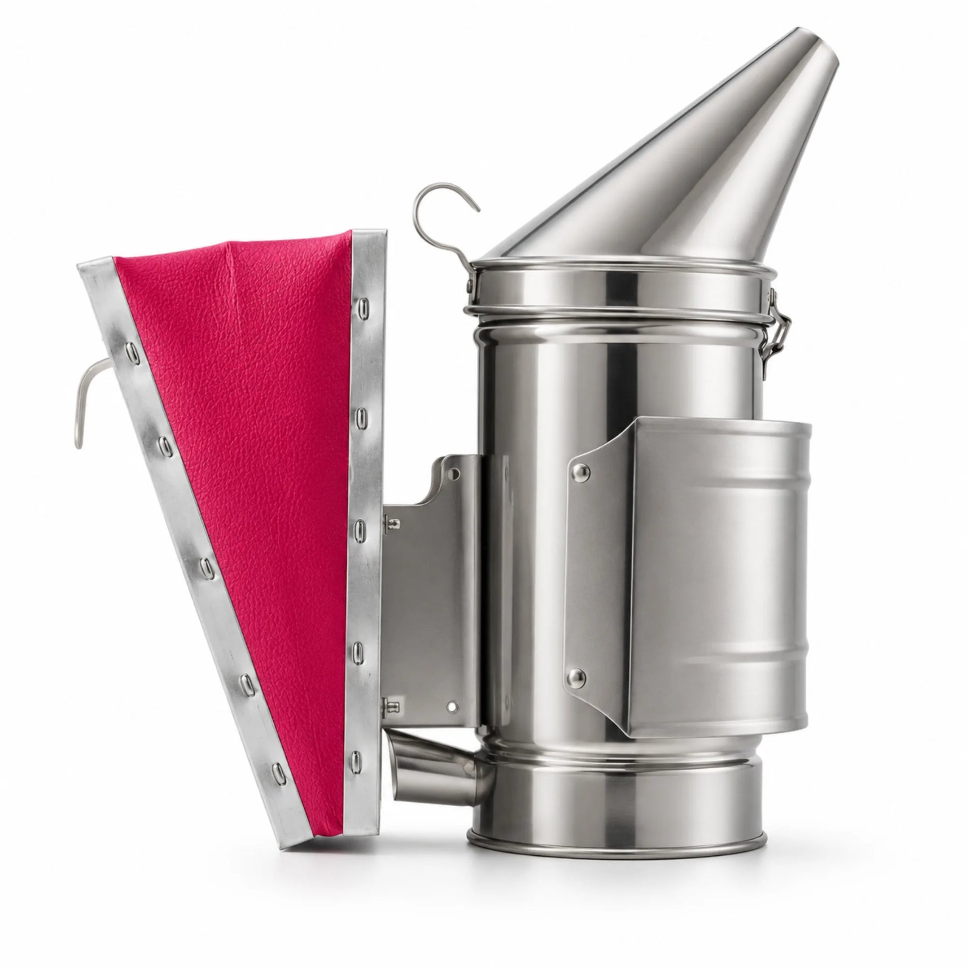 OZ Armour stainless steel bee smoker with pink bellows and hanging hook, side view