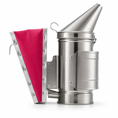 OZ Armour stainless steel bee smoker with pink bellows and hanging hook, side view