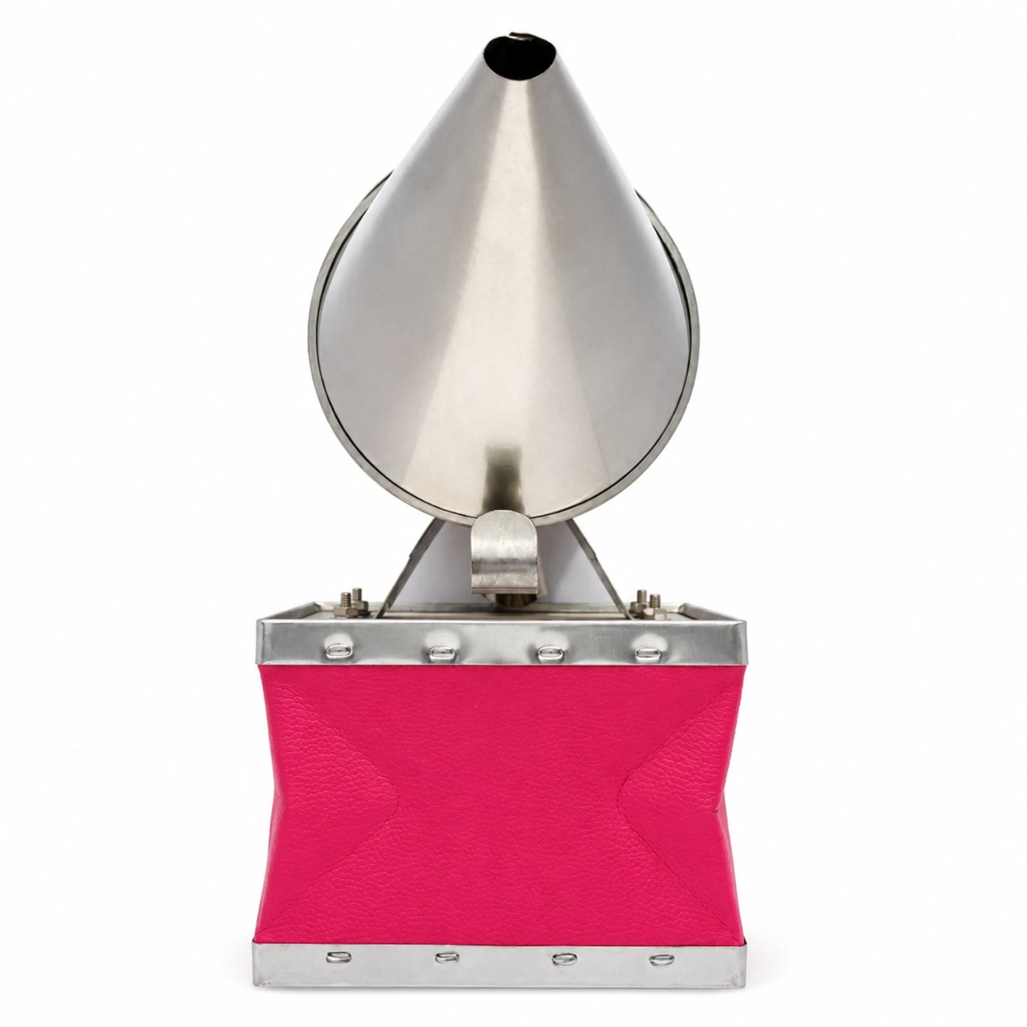 OZ Armour pink bee smoker with stainless steel cone lid and pink leather bellows, front view
