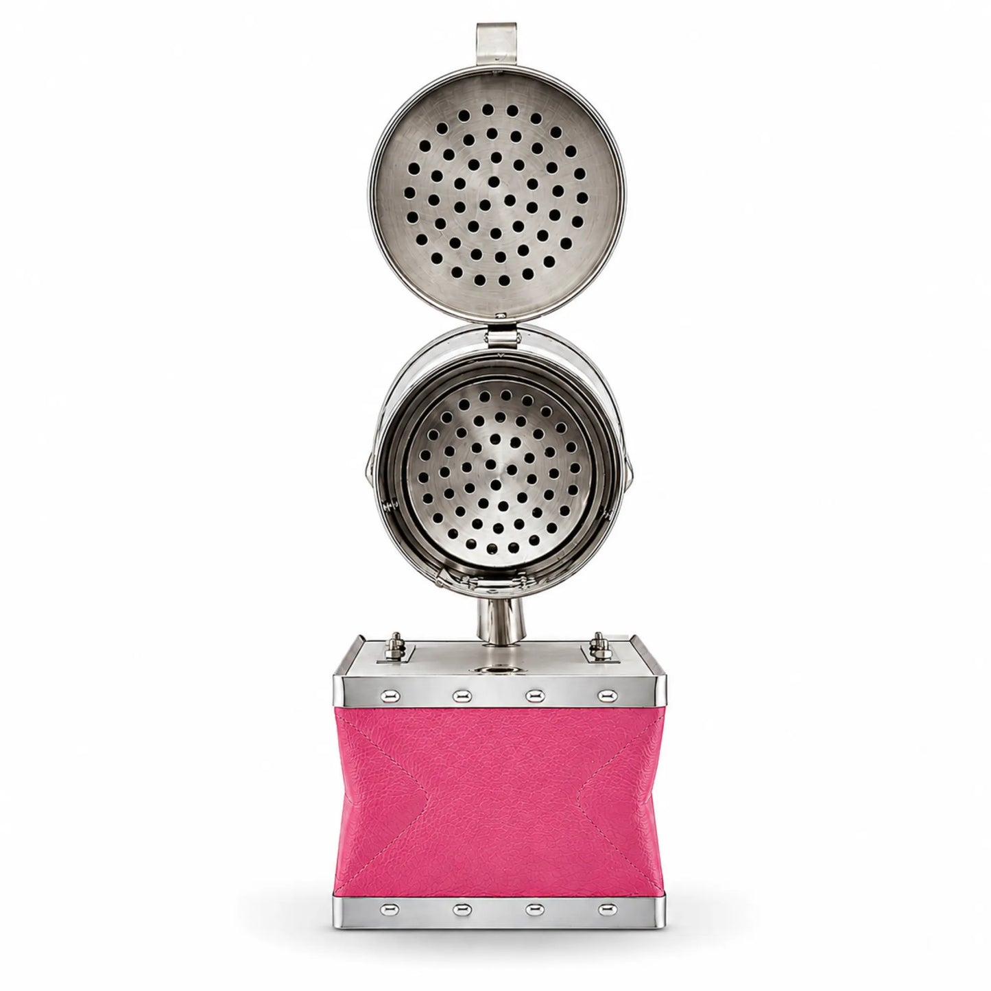 OZ Armour pink bee smoker with lid open showing perforated heat shield and fire grate