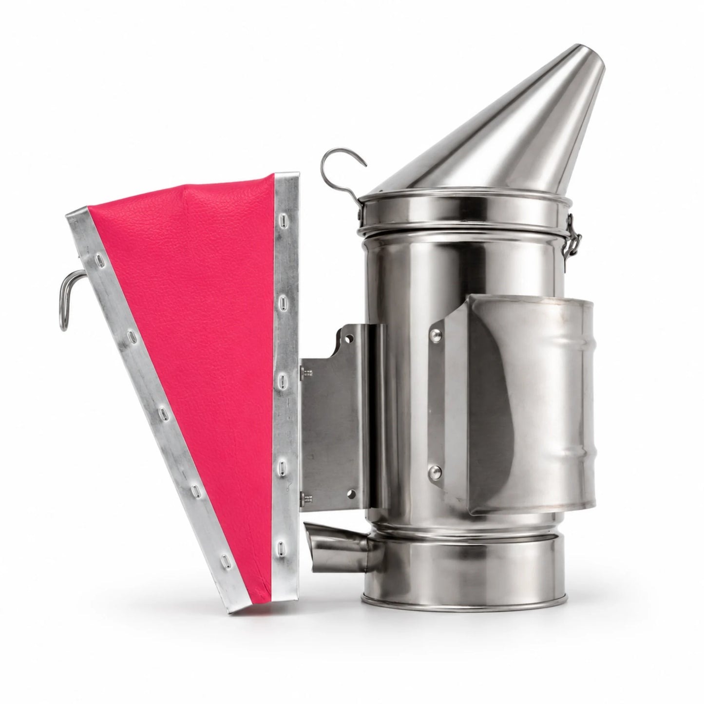 OZ Armour pink leather bellows bee smoker in stainless steel for beekeeping, side profile