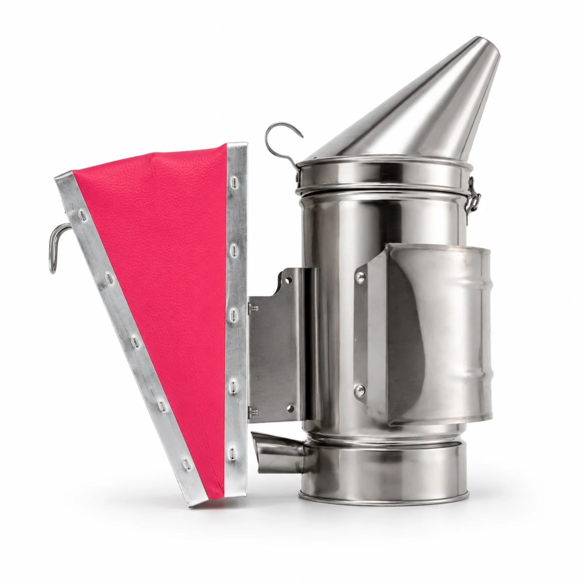 OZ Armour pink leather bellows bee smoker in stainless steel for beekeeping, side profile