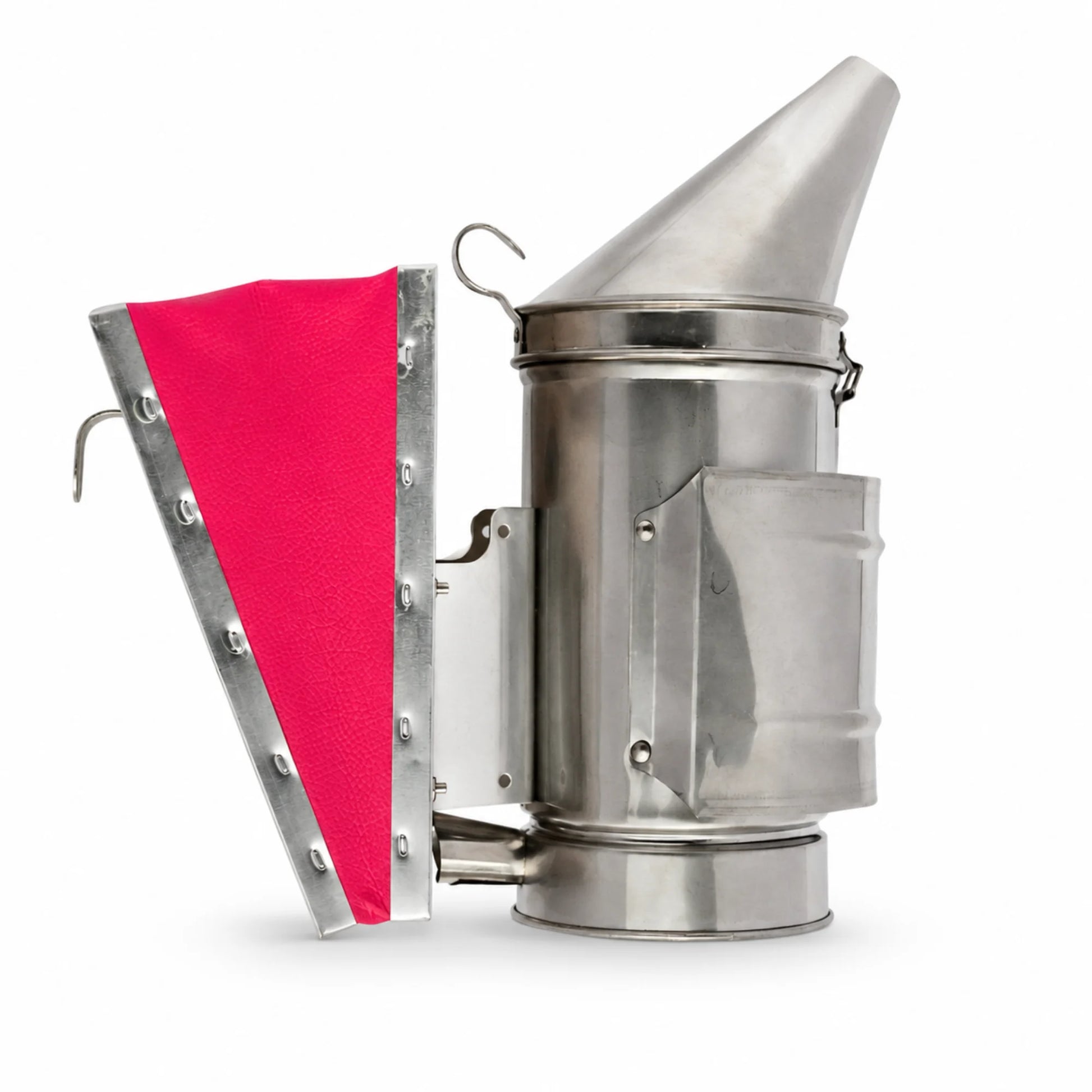 OZ Armour pink bellows bee smoker in stainless steel with heat guard, side view