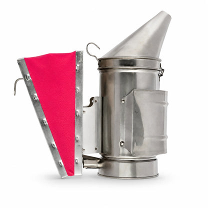 OZ Armour pink bellows bee smoker in stainless steel with heat guard, side view