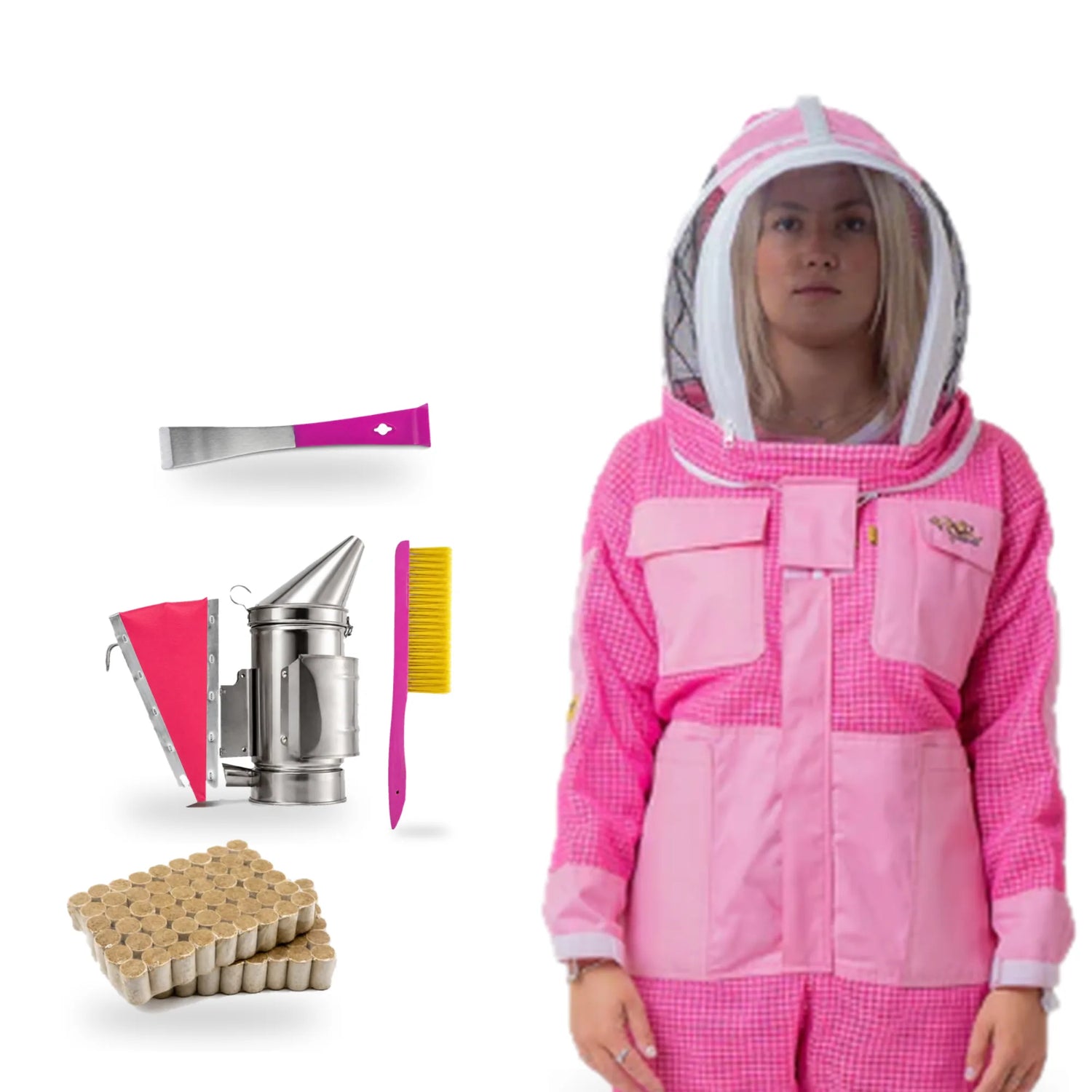 Person wearing a pink beekeeping suit with beekeeping tools on a white background