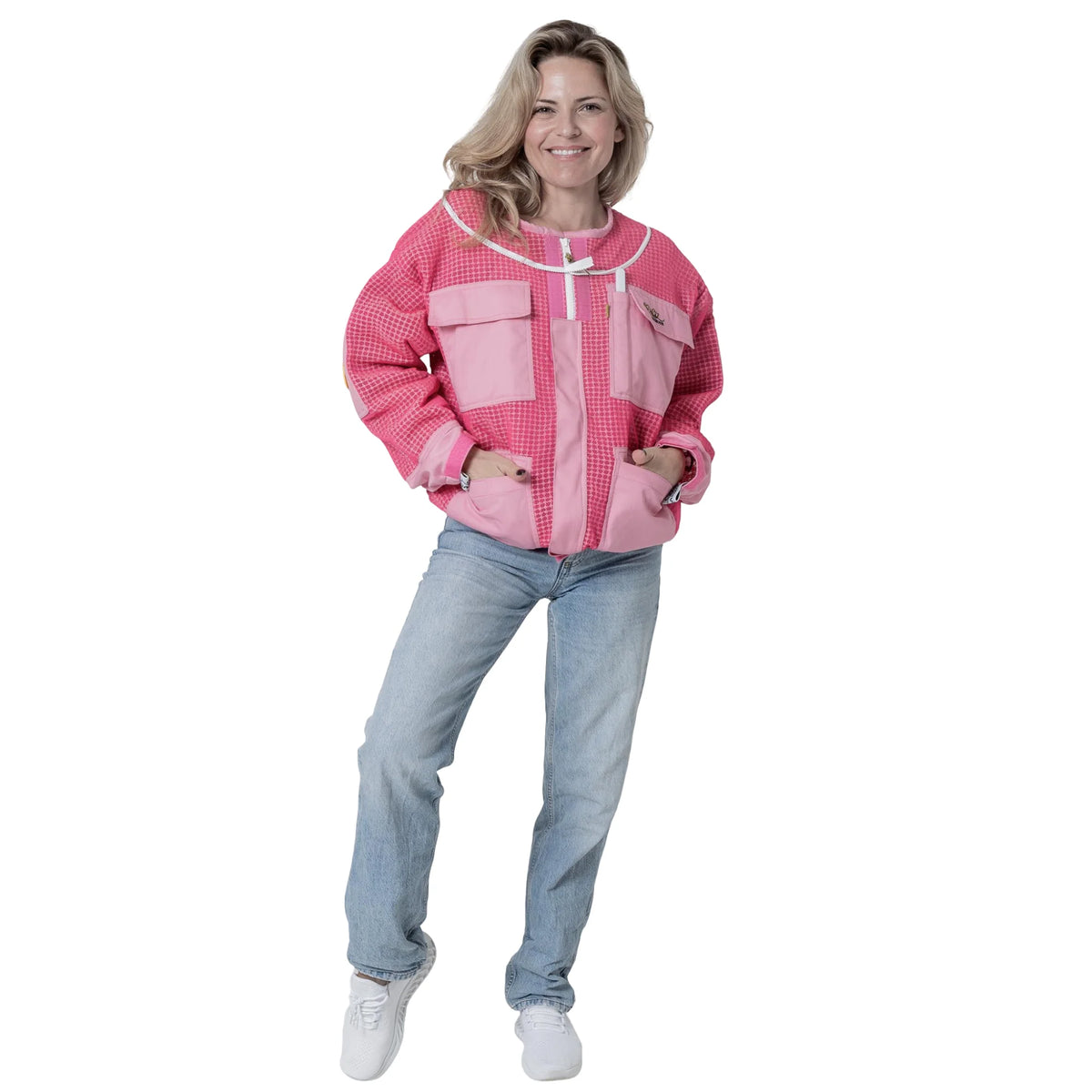 Woman wearing OZ ARMOUR pink beekeeping jacket with hood down, front view