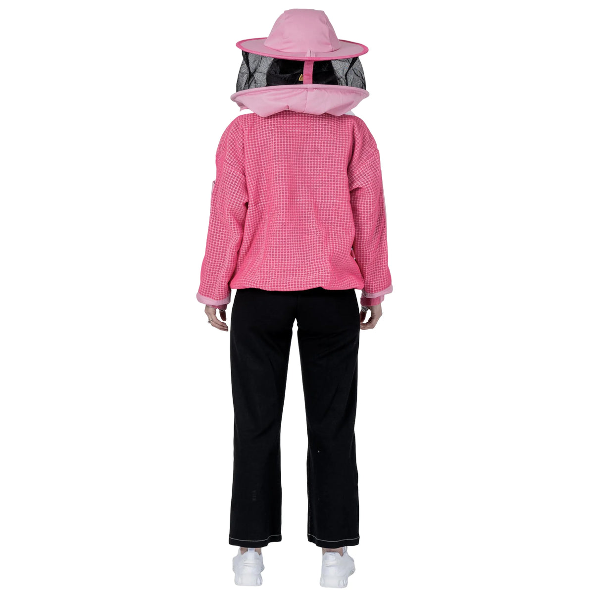 Woman wearing OZ ARMOUR pink beekeeping jacket with round hat veil, back view