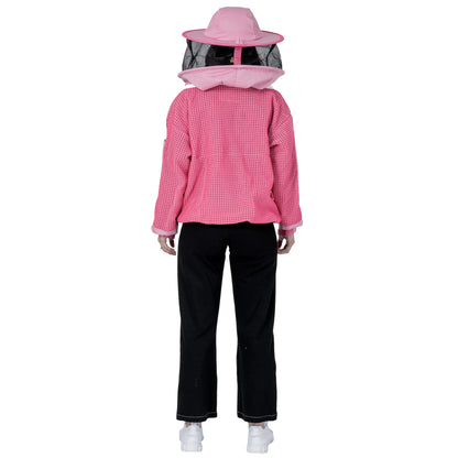 Woman wearing OZ ARMOUR pink beekeeping jacket with round hat veil, back view