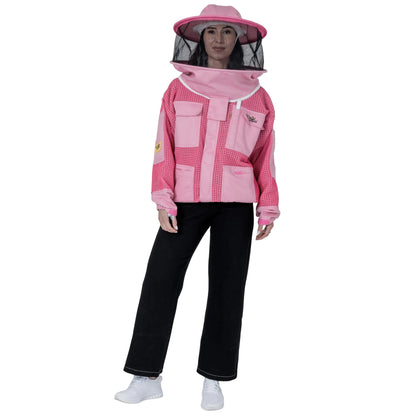 Woman wearing OZ ARMOUR pink beekeeping jacket with round hat veil, alternate front view