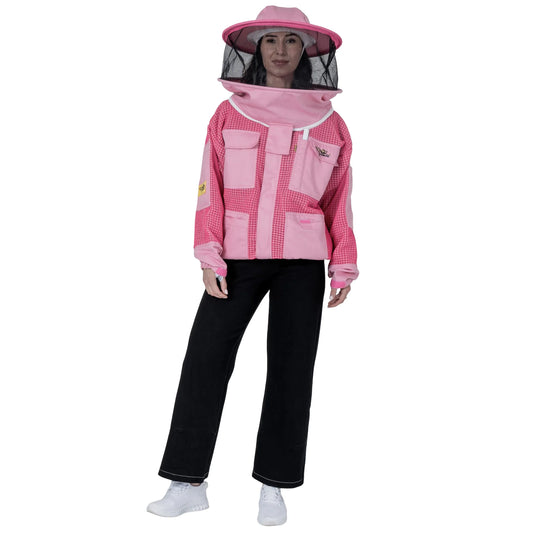 Woman wearing OZ ARMOUR pink beekeeping jacket with round hat veil, alternate front view