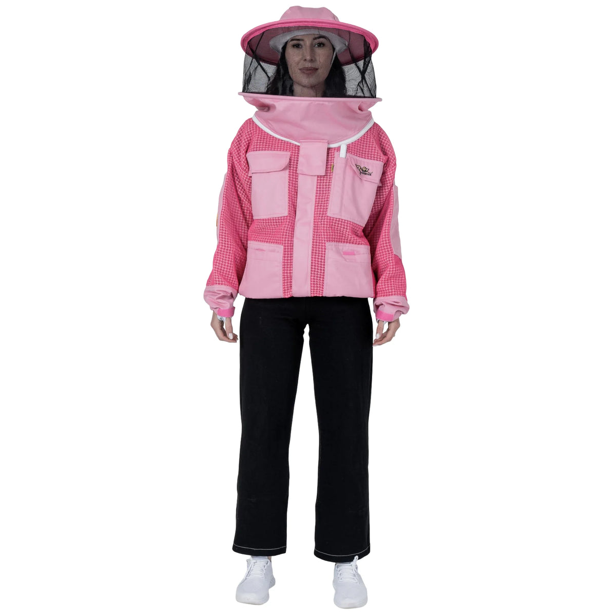  Woman wearing OZ ARMOUR pink beekeeping jacket with round hat veil, front view
