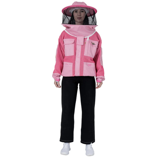  Woman wearing OZ ARMOUR pink beekeeping jacket with round hat veil, front view