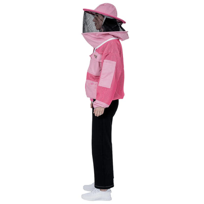 Woman wearing OZ ARMOUR pink beekeeping jacket with round hat veil, side view