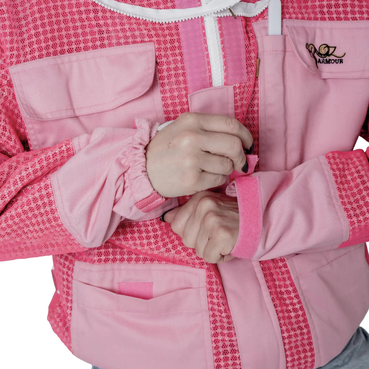 Close up of wrist cuff detail on the OZ ARMOUR pink beekeeping jacket