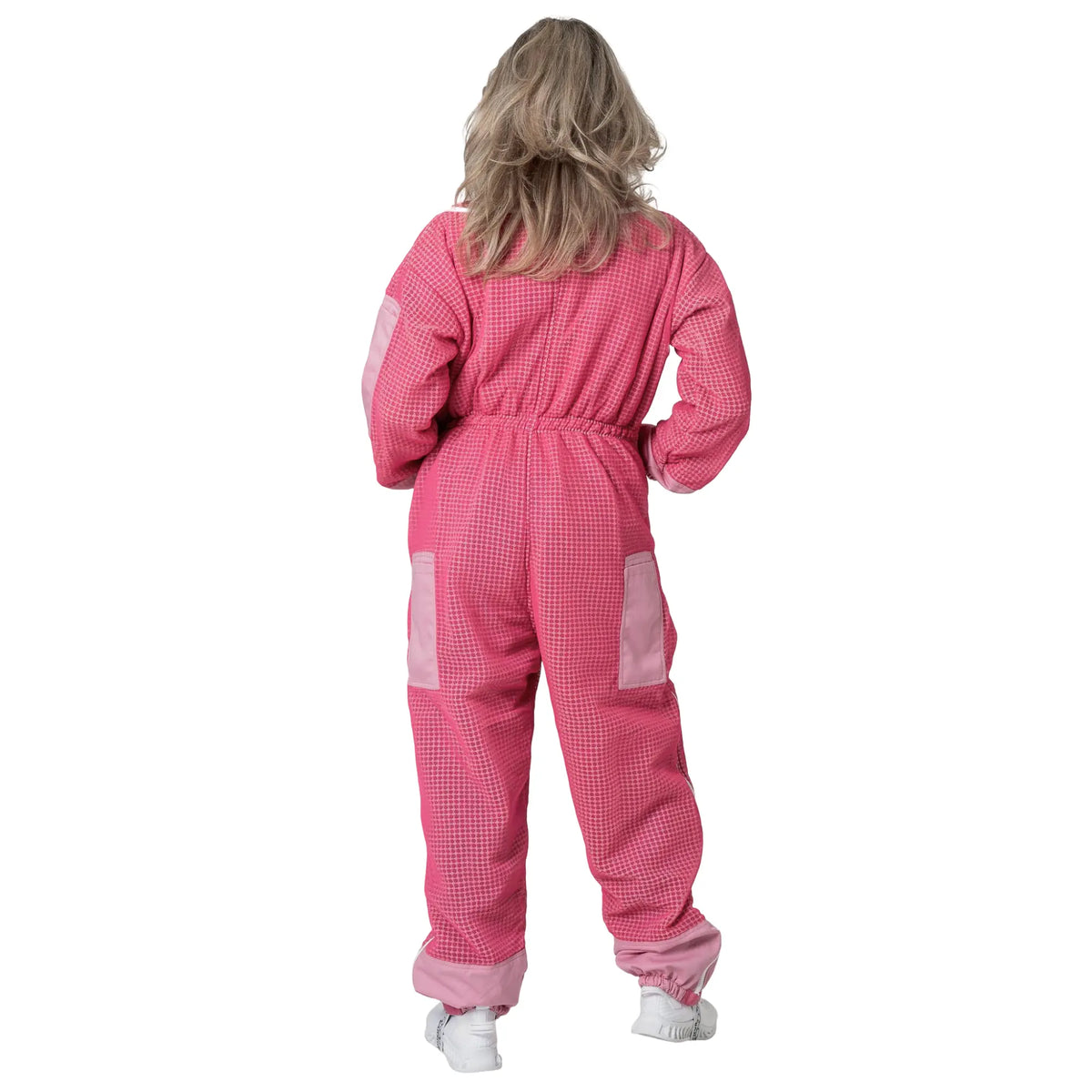 Woman wearing 3 Layer OZ Armour pink suit with hood down, back view