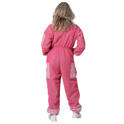 Woman wearing 3 Layer OZ Armour pink suit with hood down, back view
